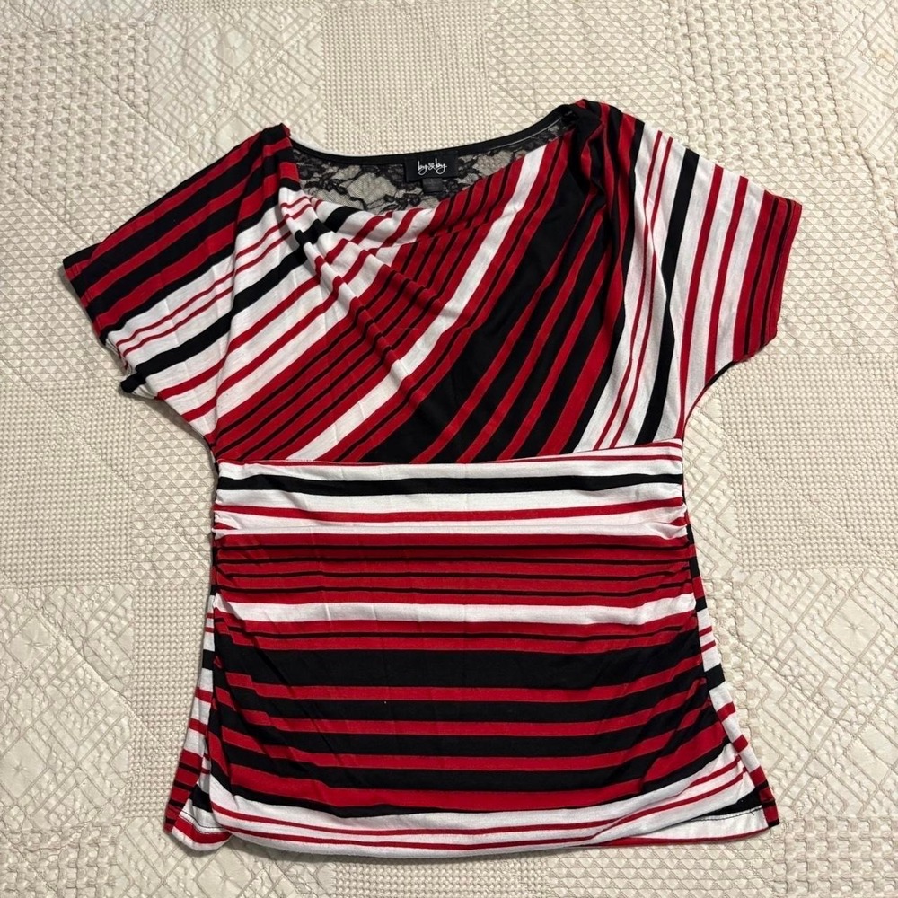 Y2K By & By red and black striped top with lace back, L